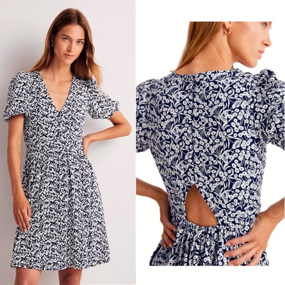 Boden Floral Stretch Jersey Mini Dress in Navy & White w/Keyhole Back - 10 Tall - Picture 1 of 5